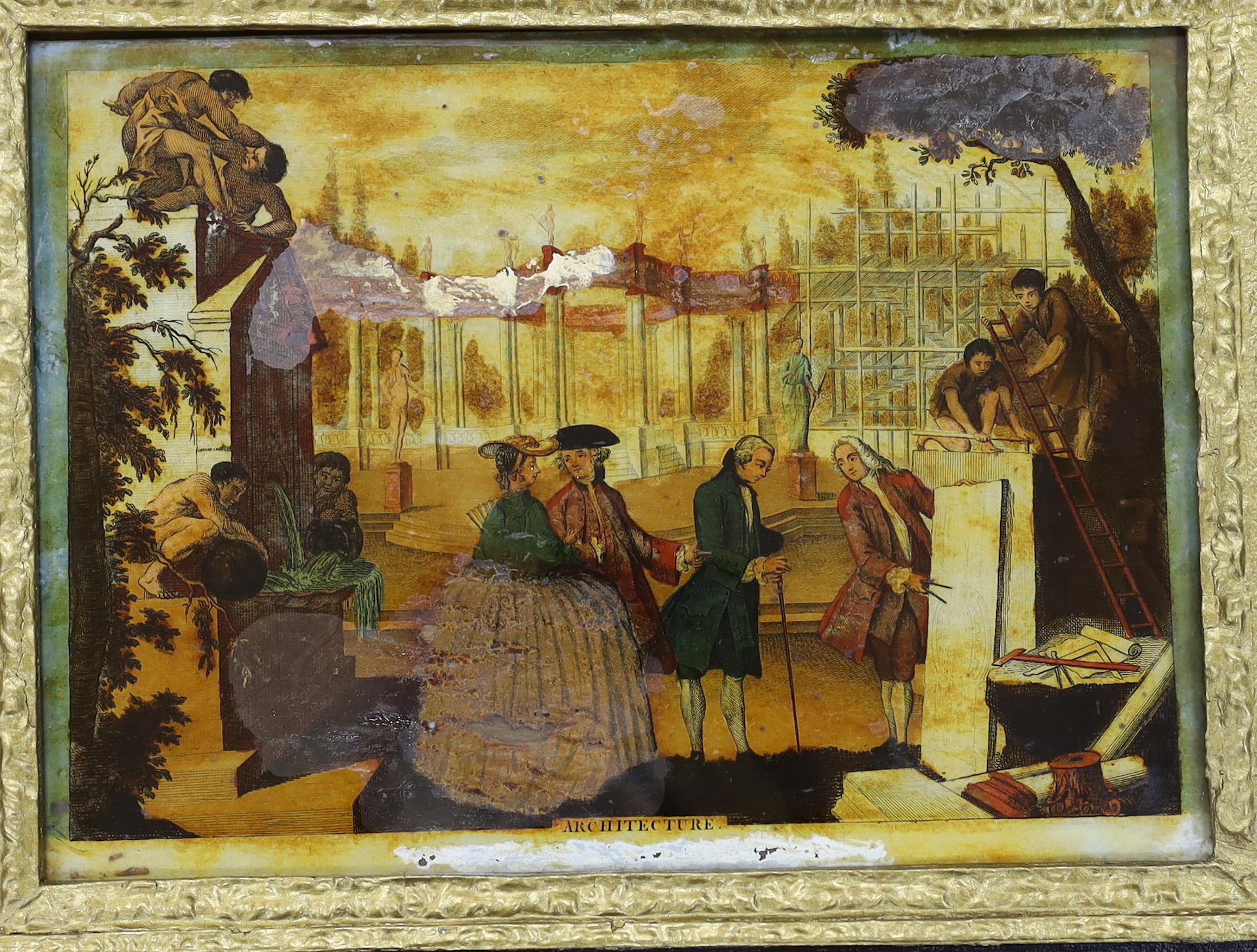An 18th / 19th century reverse glass painted colour print triptych, Architecture, Astronomy and Sculpture, overall 126 x 37cm